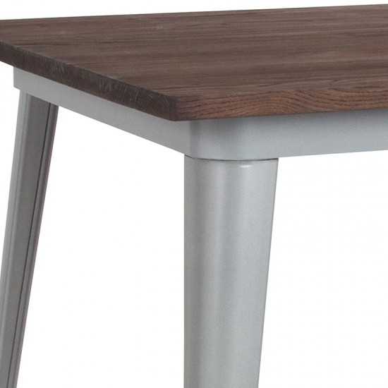 31.5" Square Silver Metal Indoor Table with Walnut Rustic Wood Top