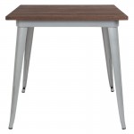 31.5" Square Silver Metal Indoor Table with Walnut Rustic Wood Top