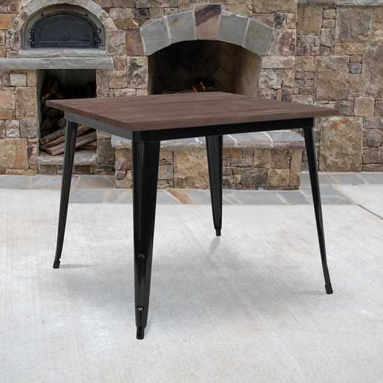 36" Square Black Metal Indoor Table with Walnut Rustic Wood Top