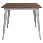 36" Square Silver Metal Indoor Table with Walnut Rustic Wood Top