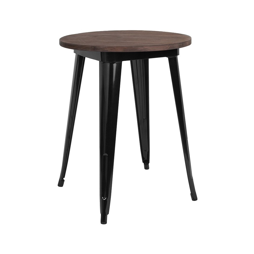 24" Round Black Metal Indoor Table with Walnut Rustic Wood Top