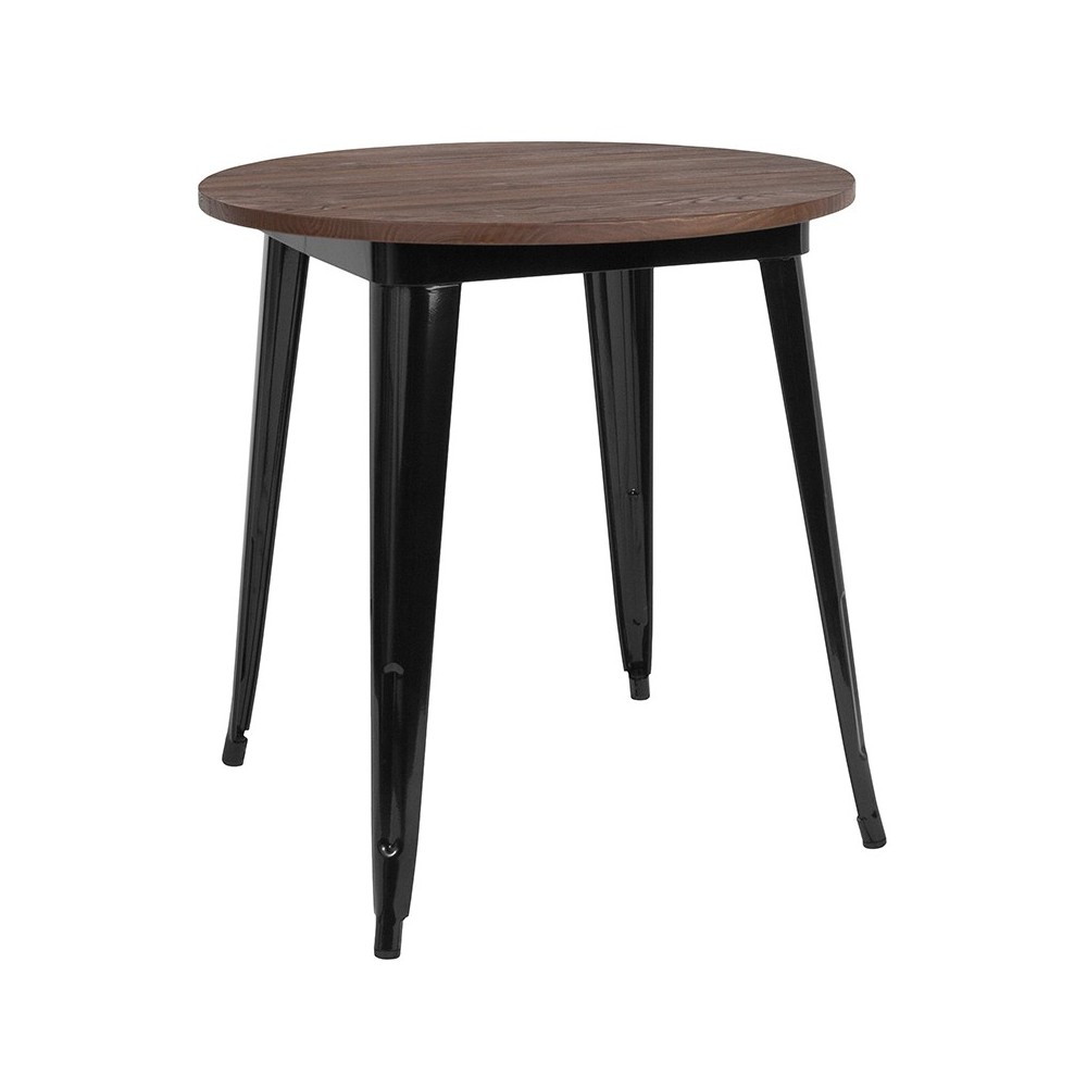 26" Round Black Metal Indoor Table with Walnut Rustic Wood Top