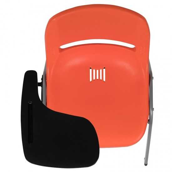 Orange Ergonomic Shell Chair with Right Handed Flip-Up Tablet Arm