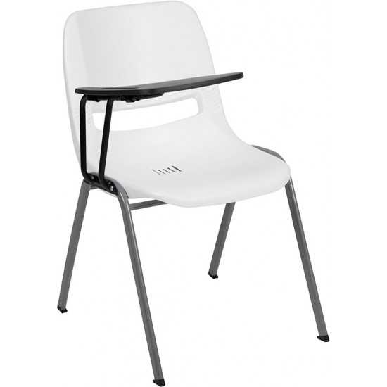 White Ergonomic Shell Chair with Right Handed Flip-Up Tablet Arm