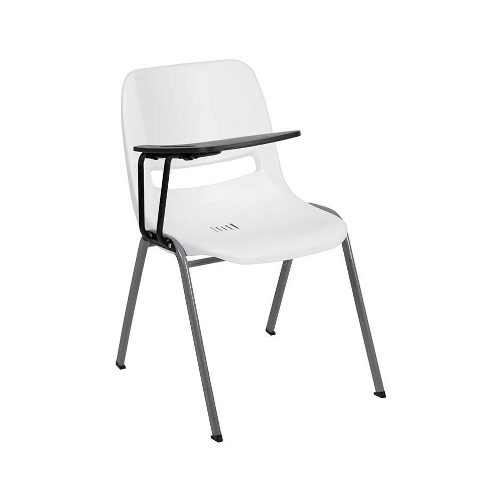 White Ergonomic Shell Chair with Right Handed Flip-Up Tablet Arm