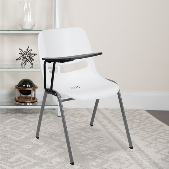 White Ergonomic Shell Chair with Right Handed Flip-Up Tablet Arm