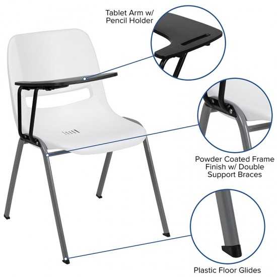 White Ergonomic Shell Chair with Right Handed Flip-Up Tablet Arm