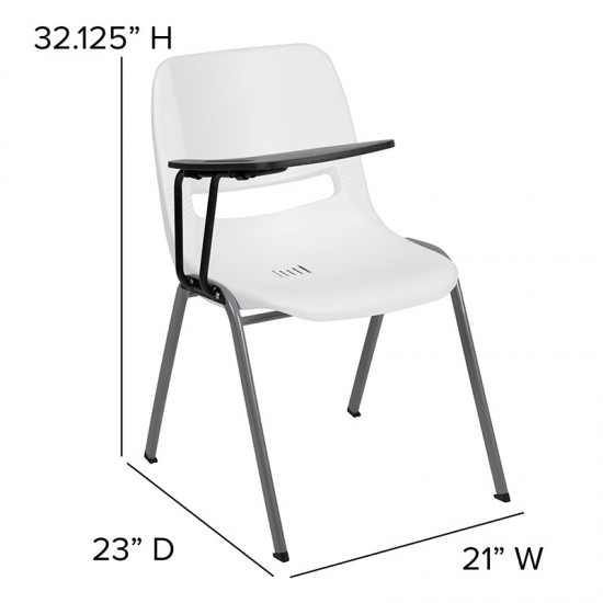 White Ergonomic Shell Chair with Right Handed Flip-Up Tablet Arm