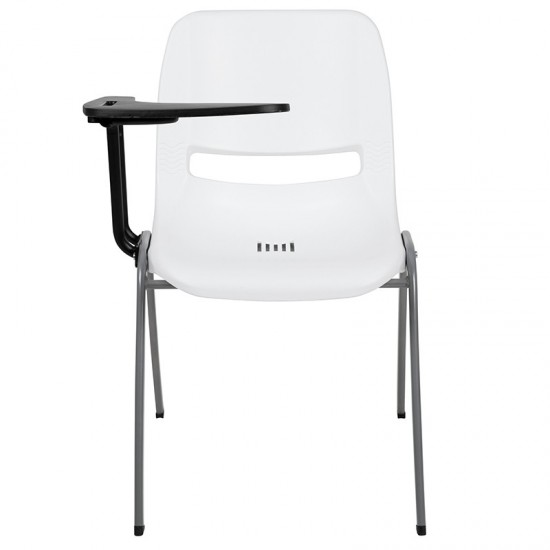 White Ergonomic Shell Chair with Right Handed Flip-Up Tablet Arm