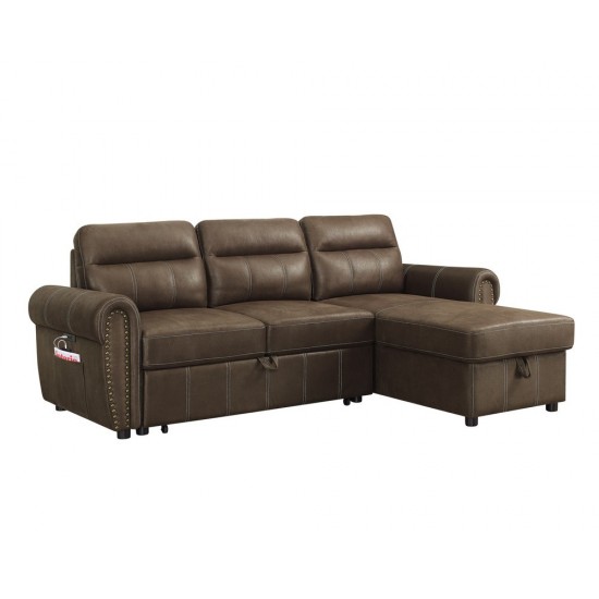 Hugo Brown Reversible Sleeper Sectional Sofa Chaise with USB Charger