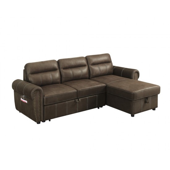 Hugo Brown Reversible Sleeper Sectional Sofa Chaise with USB Charger