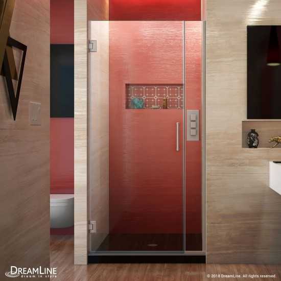 Unidoor Plus 29-29-1/2 in. W x 72 in. H Frameless Hinged Shower Door in Brushed Nickel