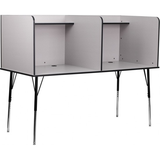 Double Wide Study Carrel with Adjustable Legs and Top Shelf in Nebula Grey Finish