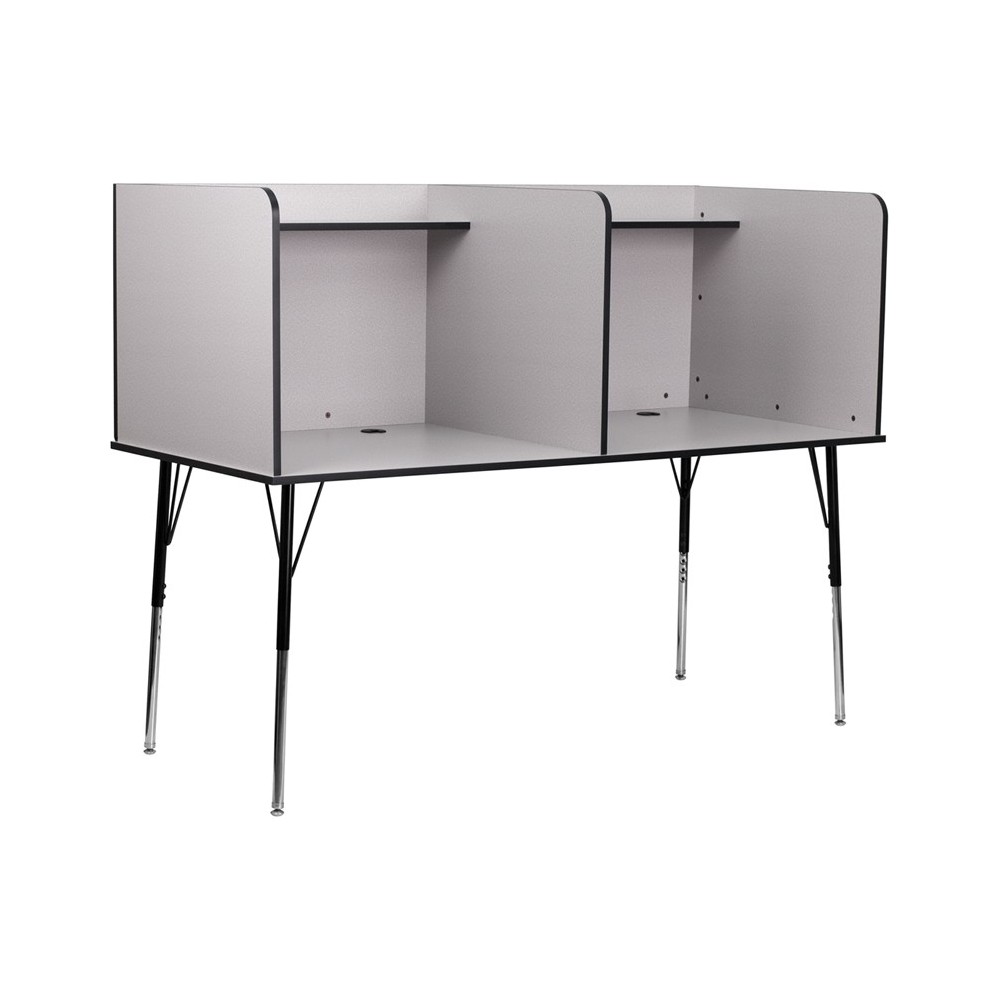 Double Wide Study Carrel with Adjustable Legs and Top Shelf in Nebula Grey Finish