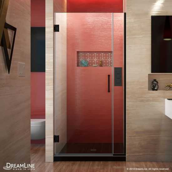 Unidoor Plus 29-29-1/2 in. W x 72 in. H Frameless Hinged Shower Door in Satin Black