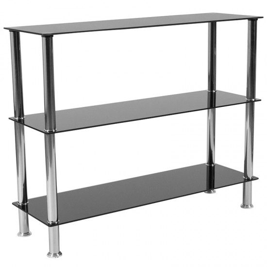 Riverside Collection 3 Shelf 31.5"H Glass Storage Display Unit Bookcase with Stainless Steel Frame in Black