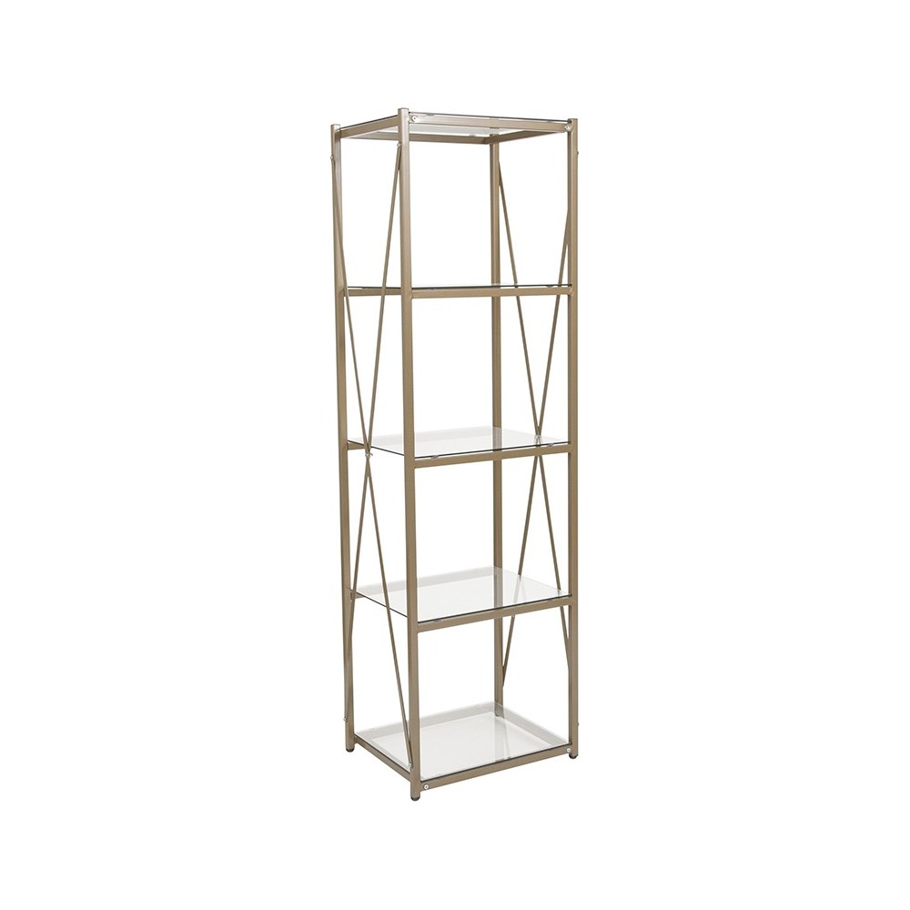 Mar Vista Collection 4 Shelf 64"H Cross Brace Glass Bookcase in Matte Gold