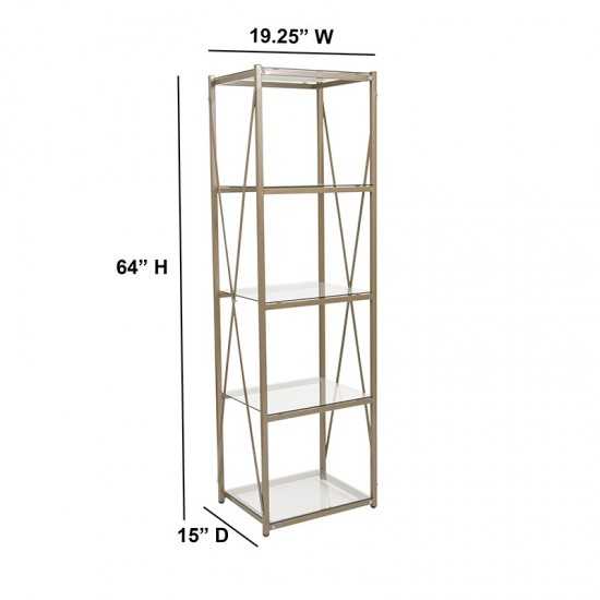 Mar Vista Collection 4 Shelf 64"H Cross Brace Glass Bookcase in Matte Gold