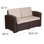 Chocolate Brown Faux Rattan Loveseat with All-Weather Beige Cushions