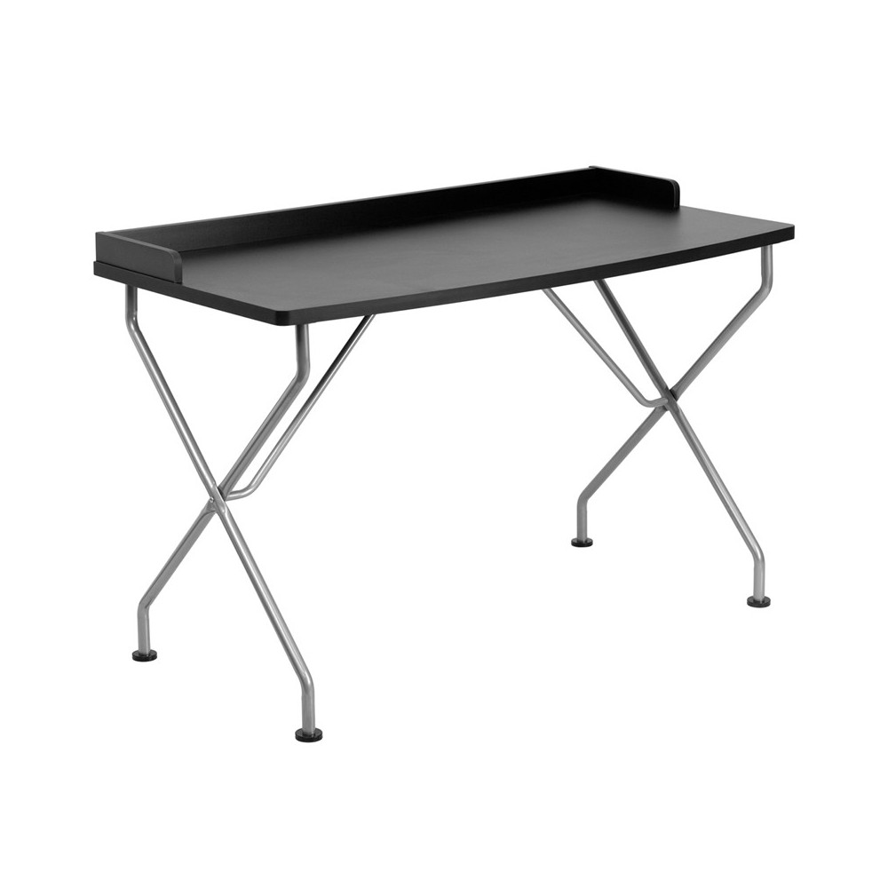 Black Computer Desk with Raised Border and Silver Metal Frame