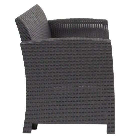 Dark Gray Faux Rattan Loveseat with All-Weather Light Gray Cushions