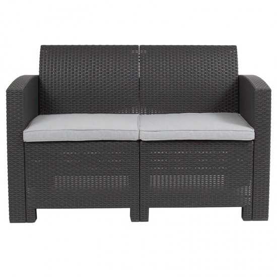 Dark Gray Faux Rattan Loveseat with All-Weather Light Gray Cushions