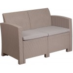 Light Gray Faux Rattan Loveseat with All-Weather Light Gray Cushions