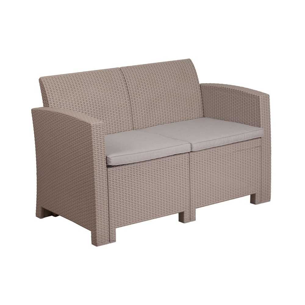 Light Gray Faux Rattan Loveseat with All-Weather Light Gray Cushions