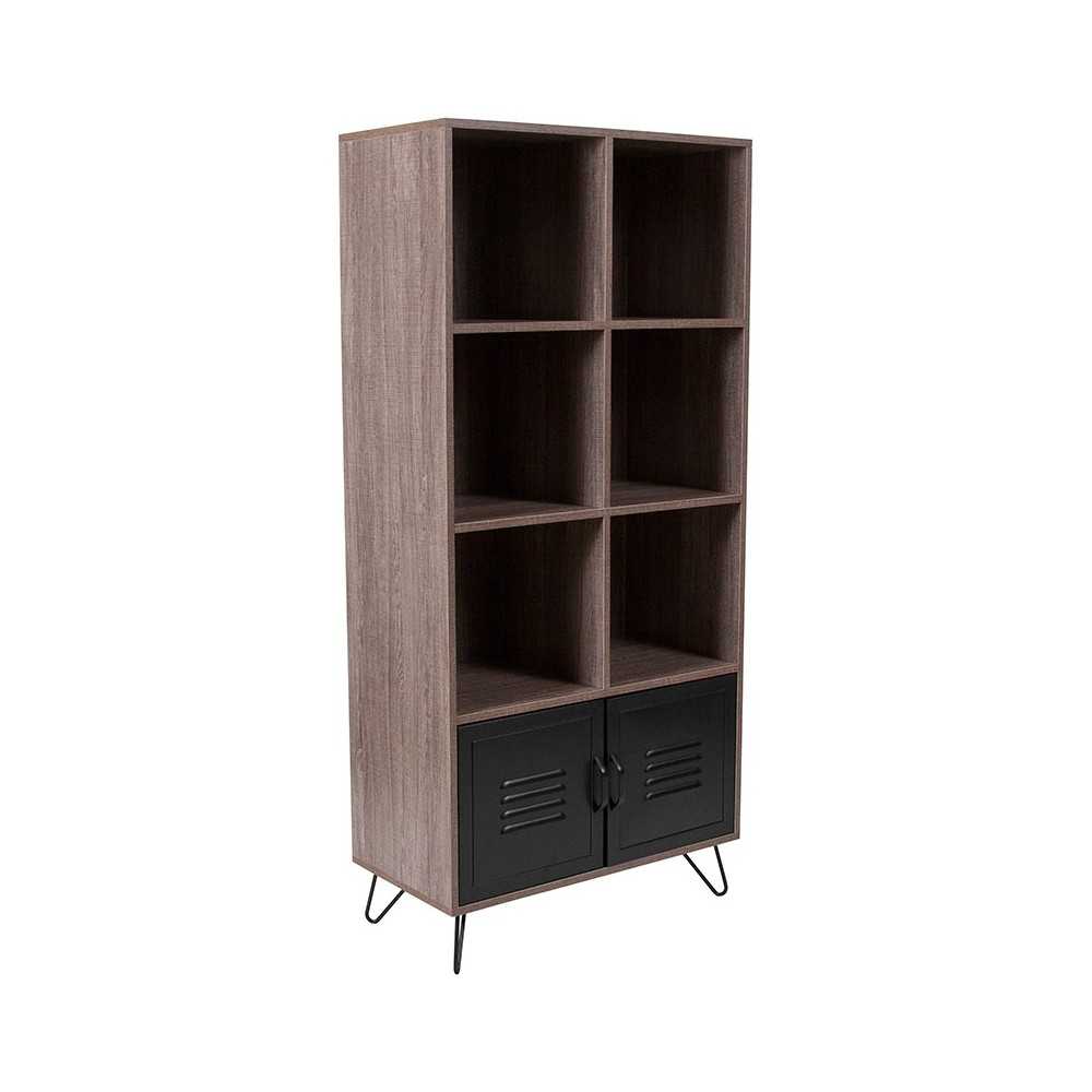 59.25"H 6 Cube Storage Organizer Bookcase with Metal Cabinet Doors and Metal Legs in Rustic Wood Grain Finish