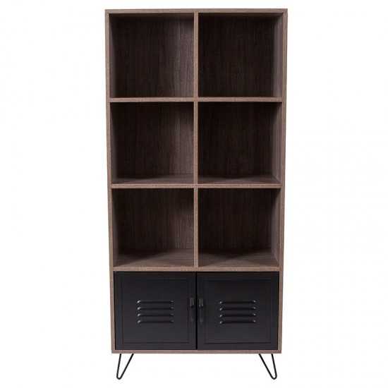 59.25"H 6 Cube Storage Organizer Bookcase with Metal Cabinet Doors and Metal Legs in Rustic Wood Grain Finish