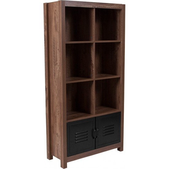 New Lancaster Collection 59.5"H 6 Cube Storage Organizer Bookcase with Metal Cabinet Doors in Crosscut Oak Wood Grain Finish