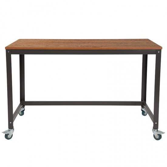 Livingston Collection Computer Table and Desk in Brown Oak Wood Grain Finish with Metal Wheels