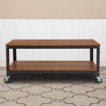 Livingston Collection TV Stand in Brown Oak Wood Grain Finish with Metal Wheels