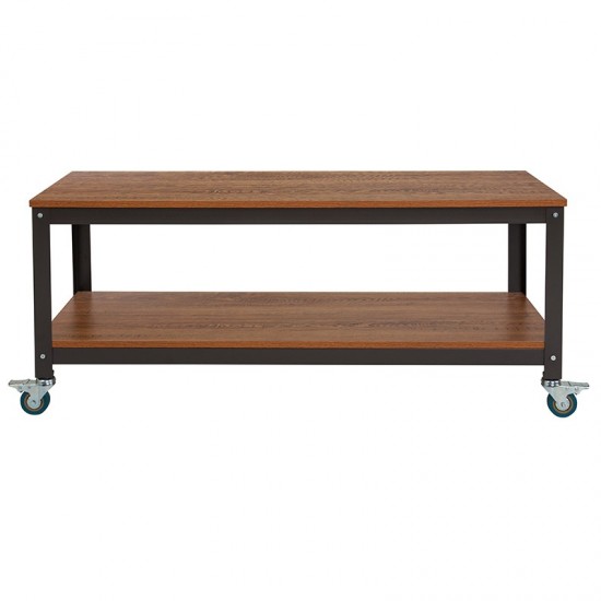 Livingston Collection TV Stand in Brown Oak Wood Grain Finish with Metal Wheels