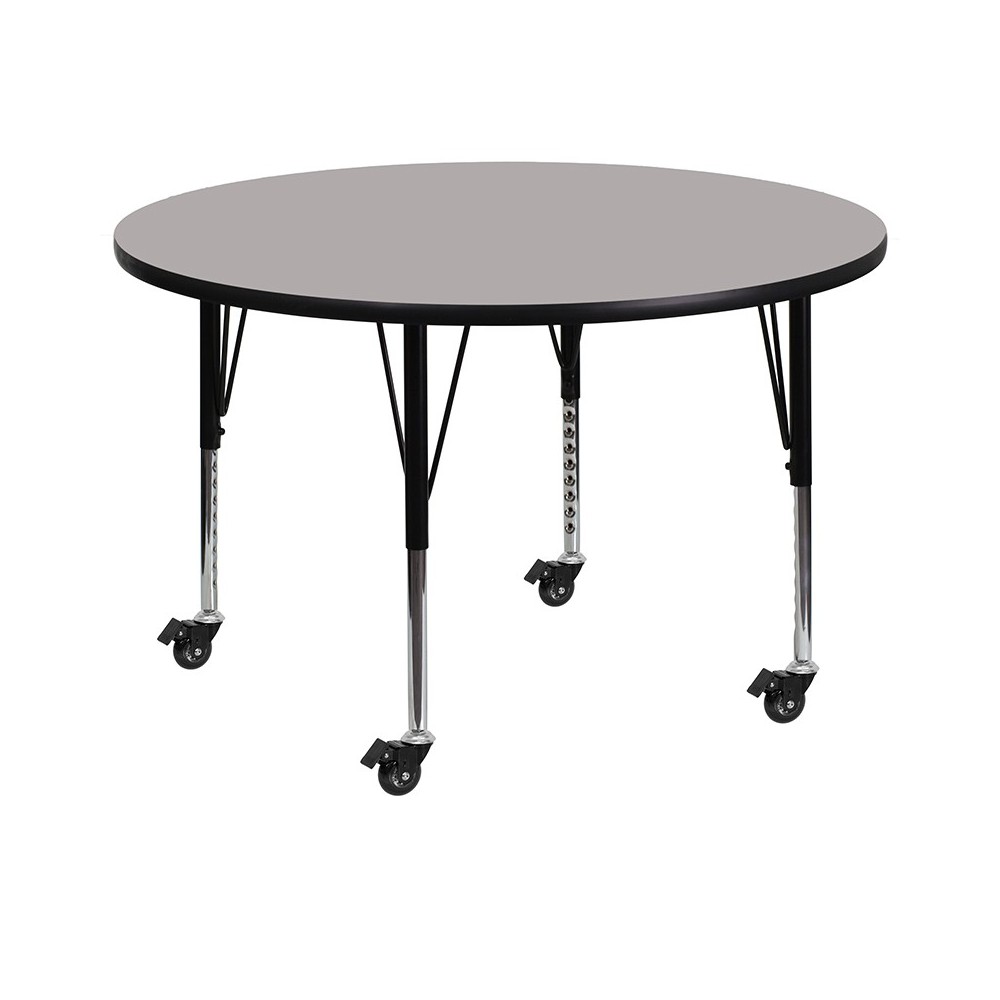 Mobile 42'' Round Grey HP Laminate Activity Table - Height Adjustable Short Legs