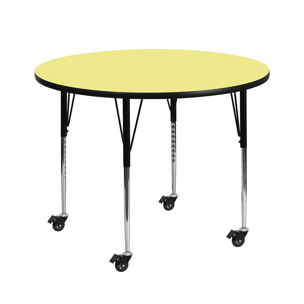 Mobile 42'' Round Yellow Thermal Laminate Activity Table - Standard Height Adjustable Legs