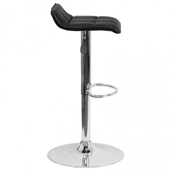 Contemporary Black Vinyl Adjustable Height Barstool with Quilted Wave Seat and Chrome Base