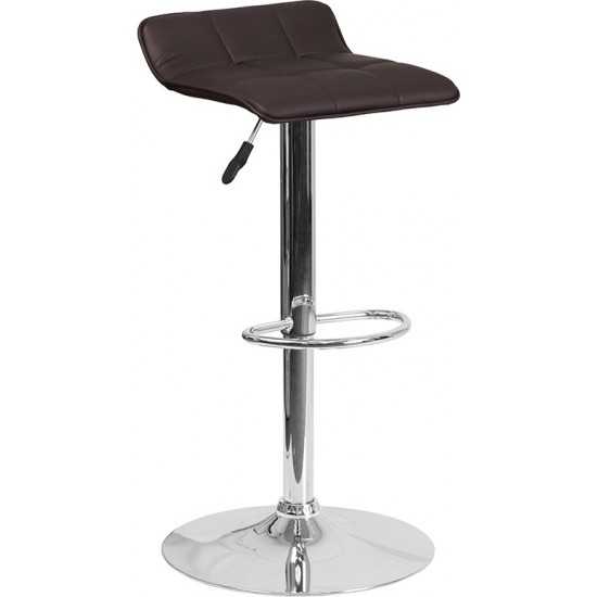 Contemporary Brown Vinyl Adjustable Height Barstool with Quilted Wave Seat and Chrome Base