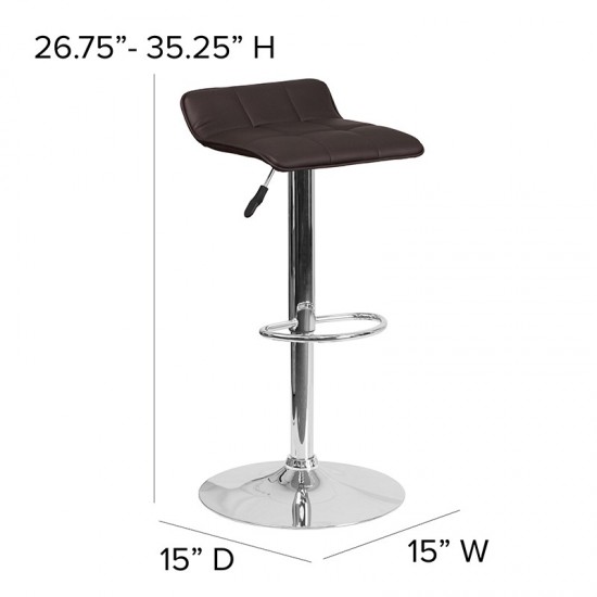 Contemporary Brown Vinyl Adjustable Height Barstool with Quilted Wave Seat and Chrome Base