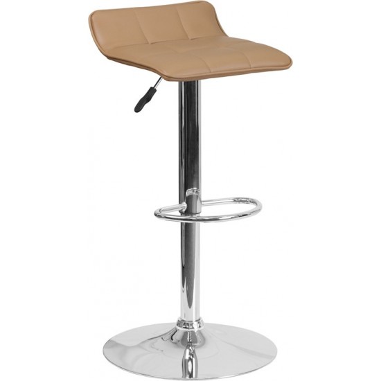 Contemporary Cappuccino Vinyl Adjustable Height Barstool with Quilted Wave Seat and Chrome Base