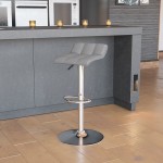 Contemporary Gray Vinyl Adjustable Height Barstool with Quilted Wave Seat and Chrome Base