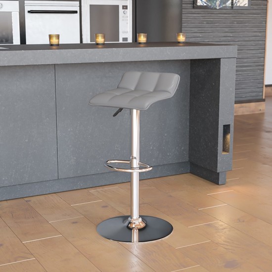 Contemporary Gray Vinyl Adjustable Height Barstool with Quilted Wave Seat and Chrome Base