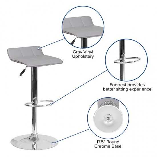 Contemporary Gray Vinyl Adjustable Height Barstool with Quilted Wave Seat and Chrome Base