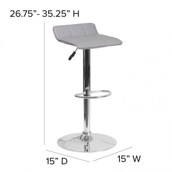 Contemporary Gray Vinyl Adjustable Height Barstool with Quilted Wave Seat and Chrome Base