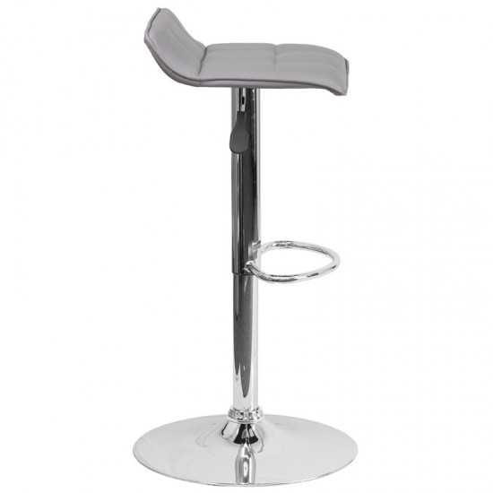 Contemporary Gray Vinyl Adjustable Height Barstool with Quilted Wave Seat and Chrome Base