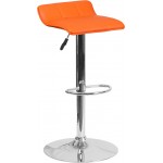 Contemporary Orange Vinyl Adjustable Height Barstool with Quilted Wave Seat and Chrome Base