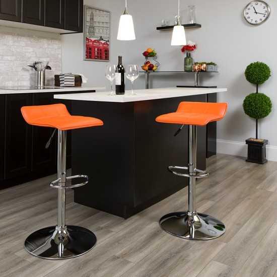 Contemporary Orange Vinyl Adjustable Height Barstool with Quilted Wave Seat and Chrome Base