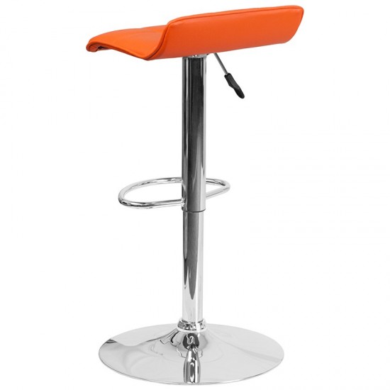 Contemporary Orange Vinyl Adjustable Height Barstool with Quilted Wave Seat and Chrome Base