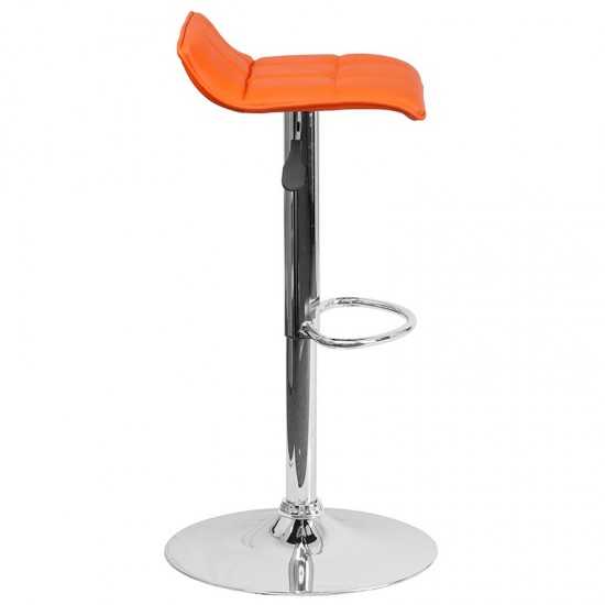 Contemporary Orange Vinyl Adjustable Height Barstool with Quilted Wave Seat and Chrome Base