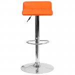 Contemporary Orange Vinyl Adjustable Height Barstool with Quilted Wave Seat and Chrome Base